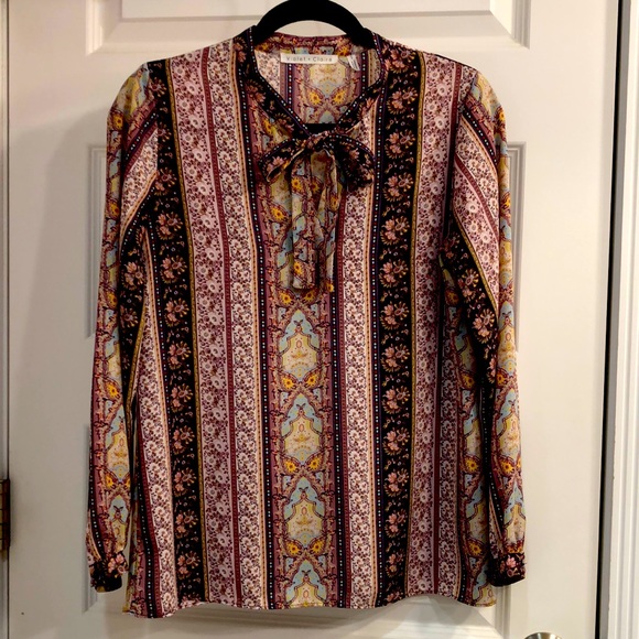 Purple and Light Blue Patterned Tie Neck Blouse - Picture 1 of 4